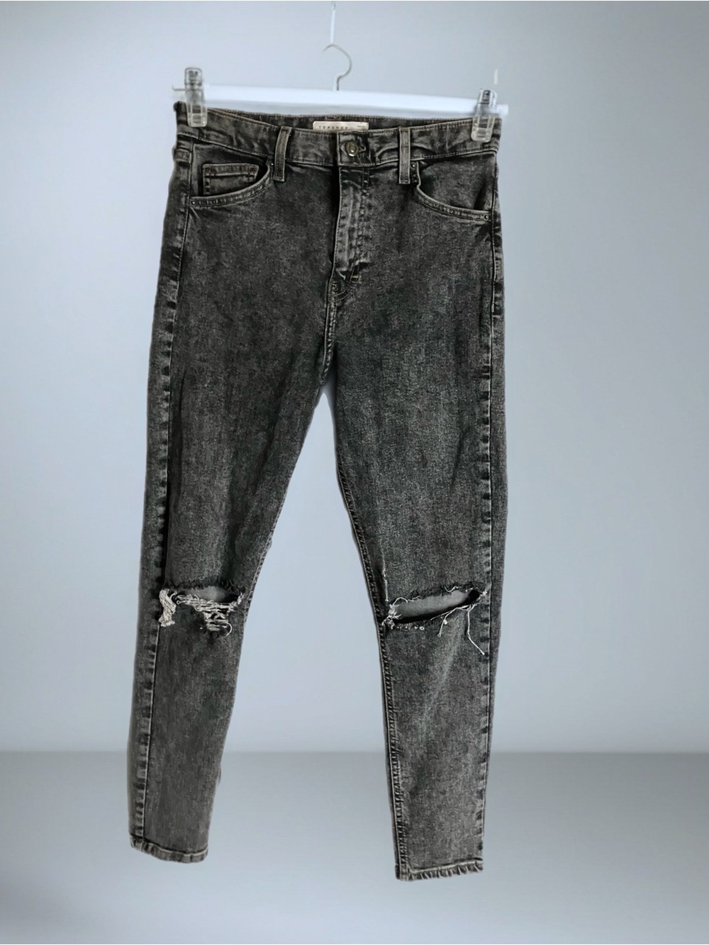 Topshop Jamie High Rise Distressed Skinny Jeans - Grey Acid Wash W30